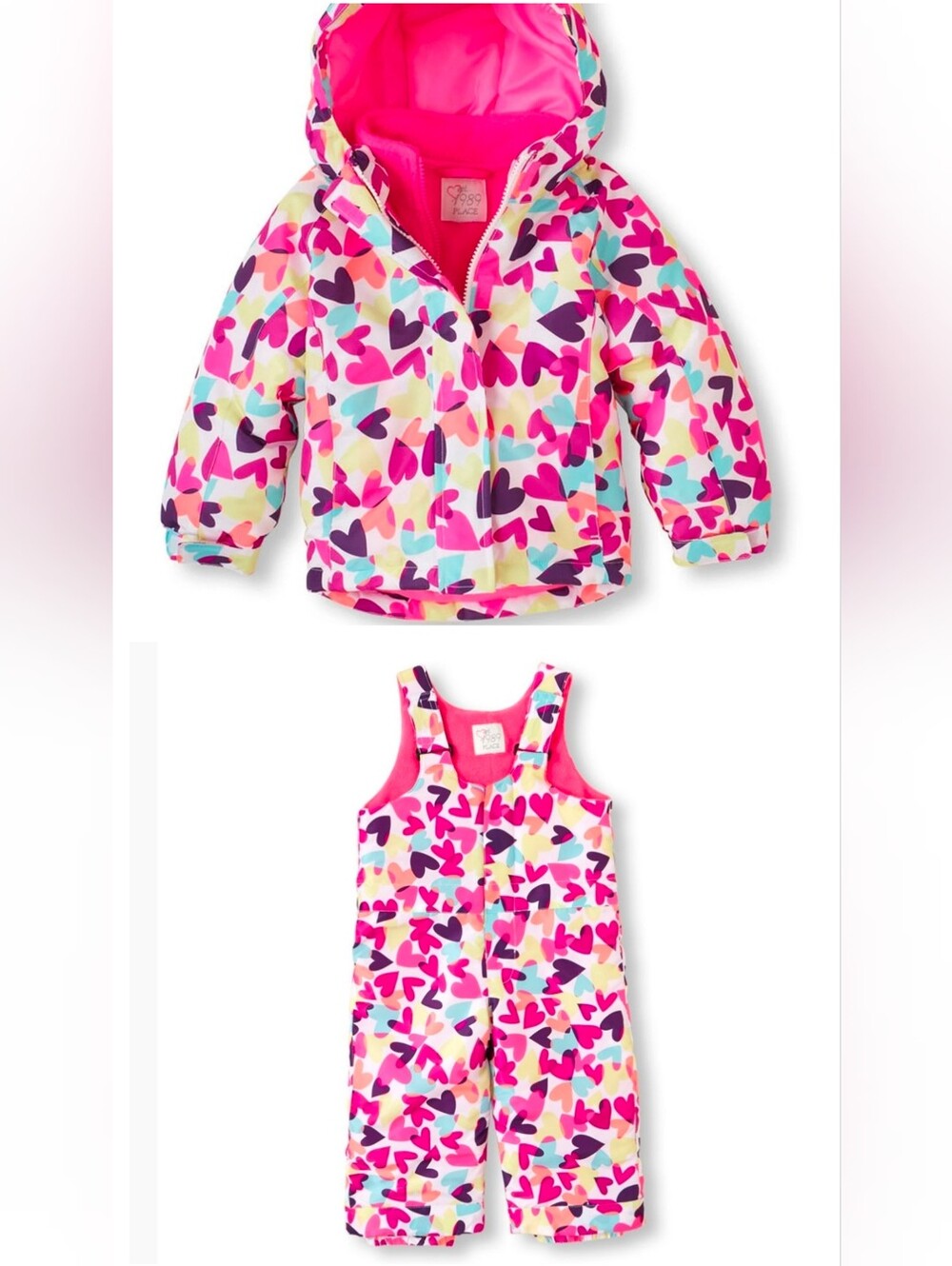 The Childen's Place 2pc Hooded Jacket & Snow Bibs, Pink Heart Multi, 12-18months